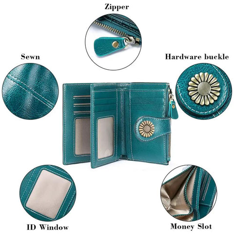 Compact Vegan Leather Womens Wallet With RFID Blocking Bifold Card Holder And Zipper Coin Pocket, open view showing details.