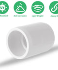 Three Quarter Inch PVC Pipe Coupling Adapters Socket To Socket Slip Connectors Sch40 White with UV, Anti-corrosion, Lightweight, Heavy Duty icons