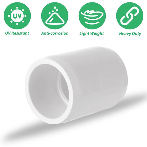 Three Quarter Inch PVC Pipe Coupling Adapters Socket To Socket Slip Connectors Sch40 White with UV, Anti-corrosion, Lightweight, Heavy Duty icons