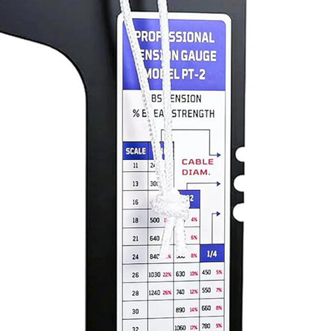 Rugged Sailboat Rigging Tension Gauge With Pro Grade Analog Dial 2000 Lb Max Load and measurement chart for cable tension.