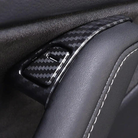 Close-up of Carbon Fiber Interior Window Switch Panel Covers Trim Decoration Kit for Tesla Model 3 2017-2023 and Model Y 2020-2023