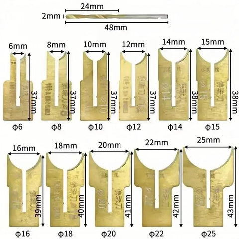 Wood Bead Maker Drill Bit Set 24 Piece 6 To 25 Mm Ball Cutter Kit for bead spheres, showing size dimensions of drill bits