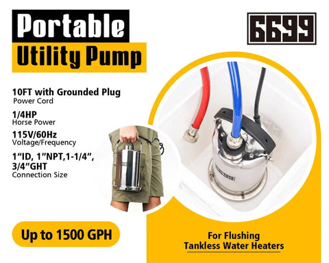 Tankless Water Heater Flushing Kit With One Quarter HP Stainless Steel Sump Pump, Two Adapters, Three Gallon Pail