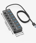 7-Port USB 3.0 Hub With 3ft Cable For Laptop PC Surface Pro PS4 And PS5, Individual LED On Off Per Port, dimensions shown