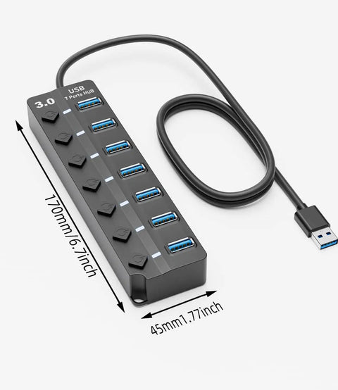 7-Port USB 3.0 Hub With 3ft Cable For Laptop PC Surface Pro PS4 And PS5, Individual LED On Off Per Port, dimensions shown
