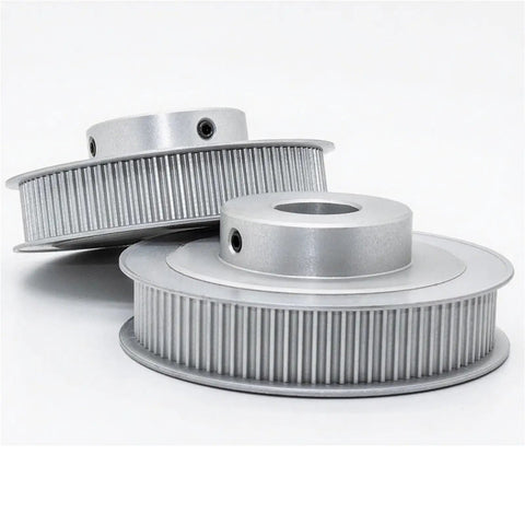 Top Shelf HTD Timing Belt Pulley Featuring One Fifty Teeth Aluminum Synchronous Wheel for Smooth Operator Drive, two silver pulleys stacked.