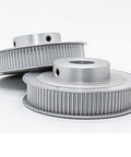 Kickass Aluminum Timing Belt Pulley Featuring 150 Teeth For Legit Precise Sync Action And Built Tough Step Motor Gear that shows two detailed aluminum pulleys.