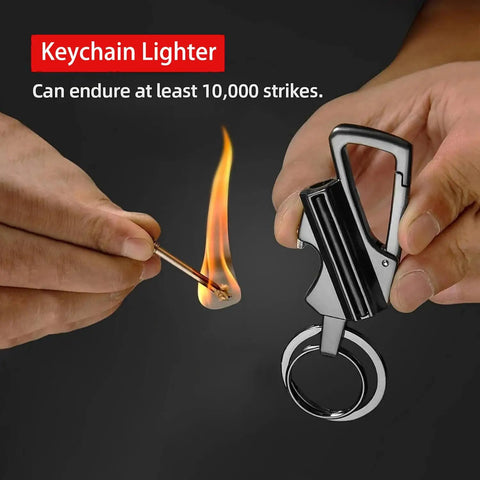 Person using All In One Multitool Lighter Keychain With Bottle Opener, Reusable Waterproof Fire Starter For Outdoor Survival, Black