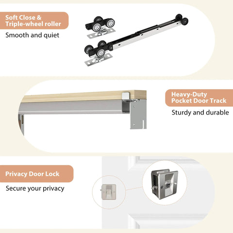 Soft close mechanism and privacy latch of Smooth Sliding Pocket Door Kit 24x80 With Raised 2 Panel Arch Top White Primed Door Slab