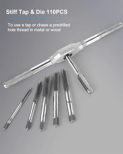 Pro Grade Beefy Metric Tap And Die Set M2 To M18 Rethreading Kit with taps and wrench, designed for threading metal and wood.