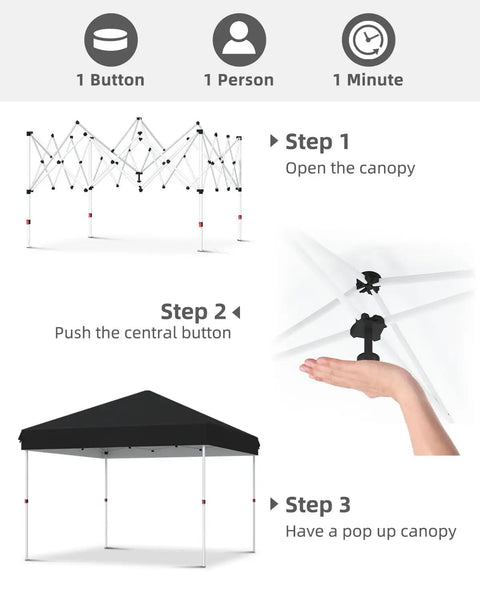 Steps to set up 10x10 Pop Up Canopy Tent With One Button Push Setup Heavy Duty Outdoor Shelter Portable Roller Bag Black