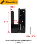 Tougher Than Nails Door Barricade Brackets dimensions showing 1.55 in width, 5.9 in height in black steel for 2X4 lumber.