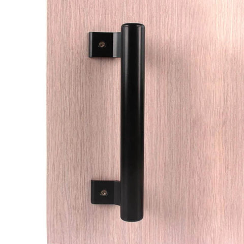 Front view of installed Two Piece 8 Inch Aluminum Alloy Sliding Door Handle Set, Modern Black Metal Pulls For Balconies, Bathrooms, Patios.