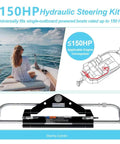 150 HP Outboard Steering Cylinder For Boats Front Mounted Marine Steering System Built For Speedboats, Fishing Boats, Sports Boats, And Rescue Vessels Your Go To Gear For Smooth Steering displayed with diagram and boat view