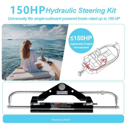 150 HP Outboard Steering Cylinder For Boats Front Mounted Marine Steering System Built For Speedboats, Fishing Boats, Sports Boats, And Rescue Vessels Your Go To Gear For Smooth Steering displayed with diagram and boat view