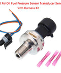 100 Psi Oil Fuel Pressure Sensor Transducer Sender with harness kit, showing metal body and electrical connectors, front view