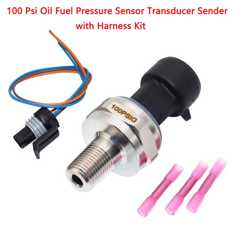 100 Psi Oil Fuel Pressure Sensor Transducer Sender with harness kit, showing metal body and electrical connectors, front view