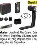 Sea Dragon 3000SF Pro Dual Beam Compact Underwater LED Light For Scuba Photo And Video with accessories including battery and charger.