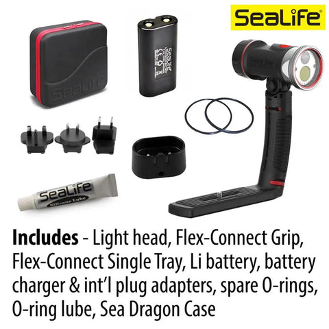Sea Dragon 3000SF Pro Dual Beam Compact Underwater LED Light For Scuba Photo And Video with accessories including battery and charger.