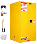 Secure Your Flammable Liquids With This Legit Heavy Duty Safety Cabinet featuring yellow steel, fire safety signs, and padlock.