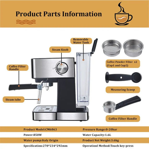 Top Shelf Electric Coffee Machine And Milk Frother Featuring Stainless Steel Build Removable Reservoir for easy use and cleaning.