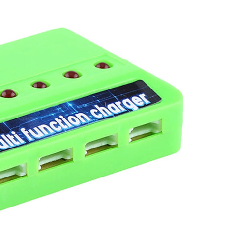 Close-up of 6 In 1 Drone Battery Charger For X5C RC LiPo Batteries With Overcharge Protection, green multi port charger station.