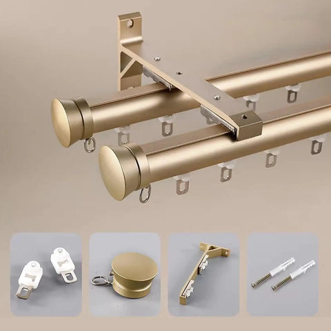 Heavy Duty Double Curtain Rods With Wall Mounted Track System, Silent Roller Aluminum Sliding Ceiling Curtain Track In Gold Finish, Adjustable Rails For 4m To 18ft Lengths, Durable Aluminum Alloy, Easy Glide, Modern Home Curtain Solution, gold double curtain track with brackets and rollers