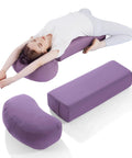 Two Piece Yoga Bolster Set With Rectangular Back Support And Crescent Neck Cushions, Measuring 25.6x9.8x6 And 16.9x10.6x5.5 Inches, purple yoga set for restorative back and neck support