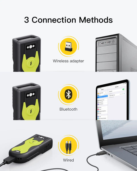 3 connection methods for Bluetooth 5.0 2D Barcode Scanner With 2.4Ghz USB Adapter For Paper And Screen Barcodes Model BCST 42