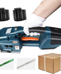 Heavy Duty Handheld Electric Strapper With Built In Battery Automatically Tensions Welds And Cuts Pp Pet Straps No Sweat Setup Tight Packages For Shipping Cargo in use, handle grip, battery, and sample straps included.