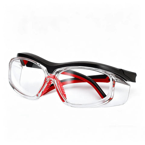 Anti Fog Scratch Resistant Safety Goggles With UV400 Lens Coating And HD Optics Deliver Pristine Sight For Daily Grind Featuring adjustable temples and red frame.