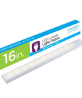 16 Inch LED Under Cabinet Light Plug In Soft White 3000K 384 Lumens With Plastic Housing And Easy On Off Switch packaging and fixture
