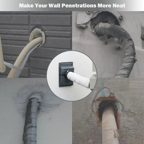 Slick Grey AC Line Set Cover Kit For Interior Walls displays various wall penetrations with insulated piping and covers.