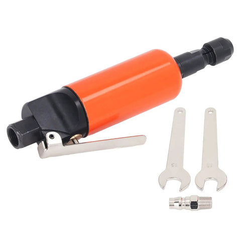 Lightweight Pneumatic Straight Die Grinder Compact Air Powered Tool with orange housing, wrenches, and air fitting for metalworking.
