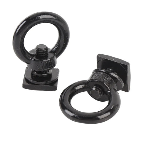 Hella Tough Stainless Steel T Track Mount Tie Down Anchors With M8 Heavy Duty T Slot Locking Rings close up of black anchors.