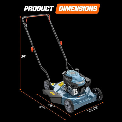 20 Inch Gas Powered Lawn Mower With 144cc 4 Cycle Engine Walk Behind Push Mower No Hassle Start Lightweight Build 3 Position Cutting Height Durable Deck Beast For Quick Home Yard Mowing product dimensions shown with 39 in handle and 28 in deck
