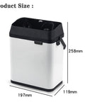 Pro Grade Portable Electric Portafilter Cleaning Machine And Espresso Knock Box With Triple Scrapers Plus Brush Head dimensions shown, steel and black design.