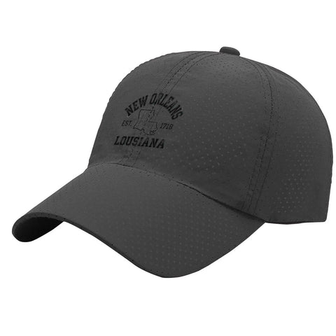 New Orleans Inspired Dark Grey Adjustable Cap For Men With One Size Fits Most Comfy Buckle Closure, Lightweight Breathable Materials.