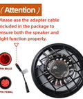 Image showing adapters and connection instructions alongside a bike headlight, with attention note for proper function.