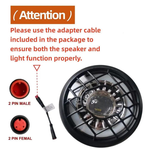 Image showing adapters and connection instructions alongside a bike headlight, with attention note for proper function.