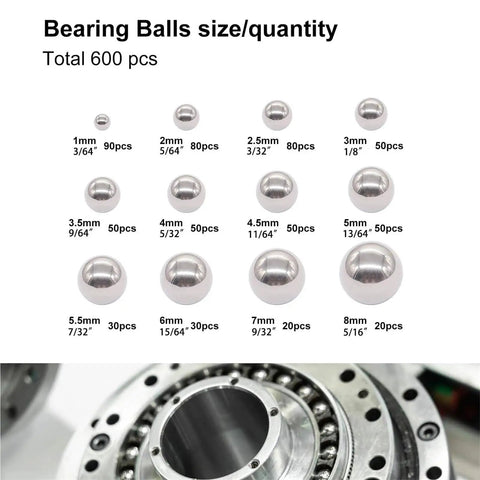 Stainless Steel Precision Bearing Balls 1mm To 8mm Mixing Kit With 600 Pieces Across 12 Sizes For Bearings CNC Machining DIY Projects And Hobbyist Gear chart