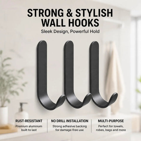 6 Pack Black Aluminum Coat Hooks No Drill Heavy Duty Wall Hooks Hold 50 Lbs Rust Proof Corrosion Resistant wall-mounted black hooks