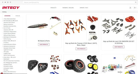Integy website homepage showcasing various RC models, parts, and accessories with categories listed on the left sidebar.