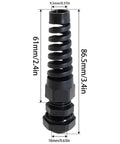 NPT Three Eighths Inch IP68 Waterproof Cable Gland Bend Relief Spiral Strain Relief Black Nylon Connector dimensions shown