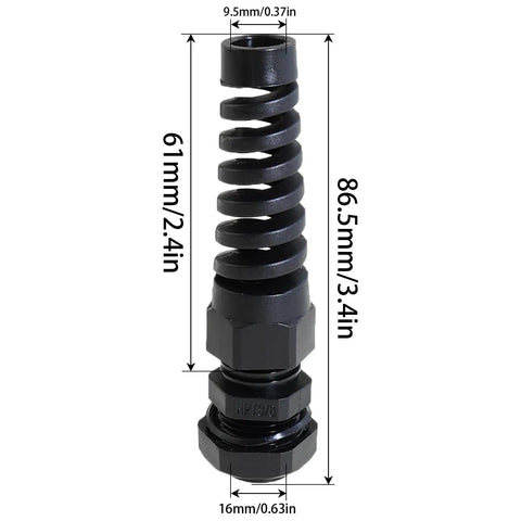 NPT Three Eighths Inch IP68 Waterproof Cable Gland Bend Relief Spiral Strain Relief Black Nylon Connector dimensions shown