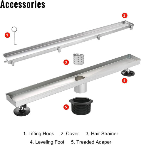 24 Inch Linear Shower Drain Kit With Invisible Tile Insert And Flat Cover, Brushed 304 Stainless Steel, 2 Inch Outlet, Hair Strainer, Adjustable Feet, High Flow Modern Shower Drain accessories including lifting hook and leveling foot.