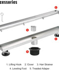 Image showing 32 Inch Linear Shower Drain With Tile Insert And Flat Cover Brushed 304 Stainless Steel 2 Inch Outlet Leveling Feet