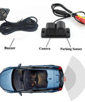 Components of 2 In 1 Backup Cam And Parking Sensor Kit with Waterproof HD Reversing Cam, buzzers, sensors, car diagram.