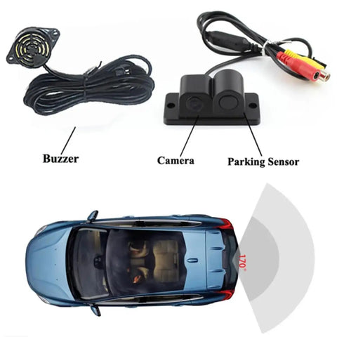 Components of 2 In 1 Backup Cam And Parking Sensor Kit with Waterproof HD Reversing Cam, buzzers, sensors, car diagram.