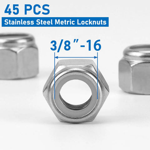 45 Pack 3/8-16 Nylon Lock Nuts In 304 Stainless Steel A2-70, front view showing threading and size markings